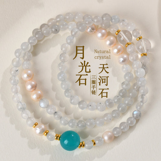 Natural Moonstone & Tianhe Stone Three-Layer Bracelet with Pearl Accents – S925 Silver Harmony Jewelry for Women