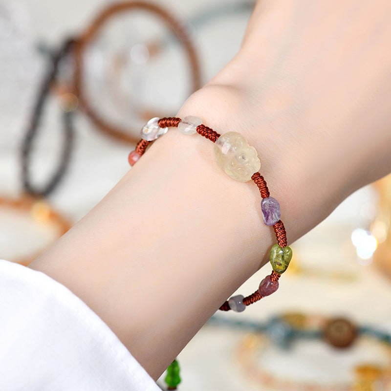 Natural Yellow Crystal Pixiu Bracelet with Crushed Gemstones | Wealth Attraction Handwoven Amulet