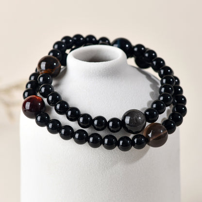 Natural Obsidian Tiger Eye Double Circle Bracelet - Cosmic Protection Unisex Spiritual Charm