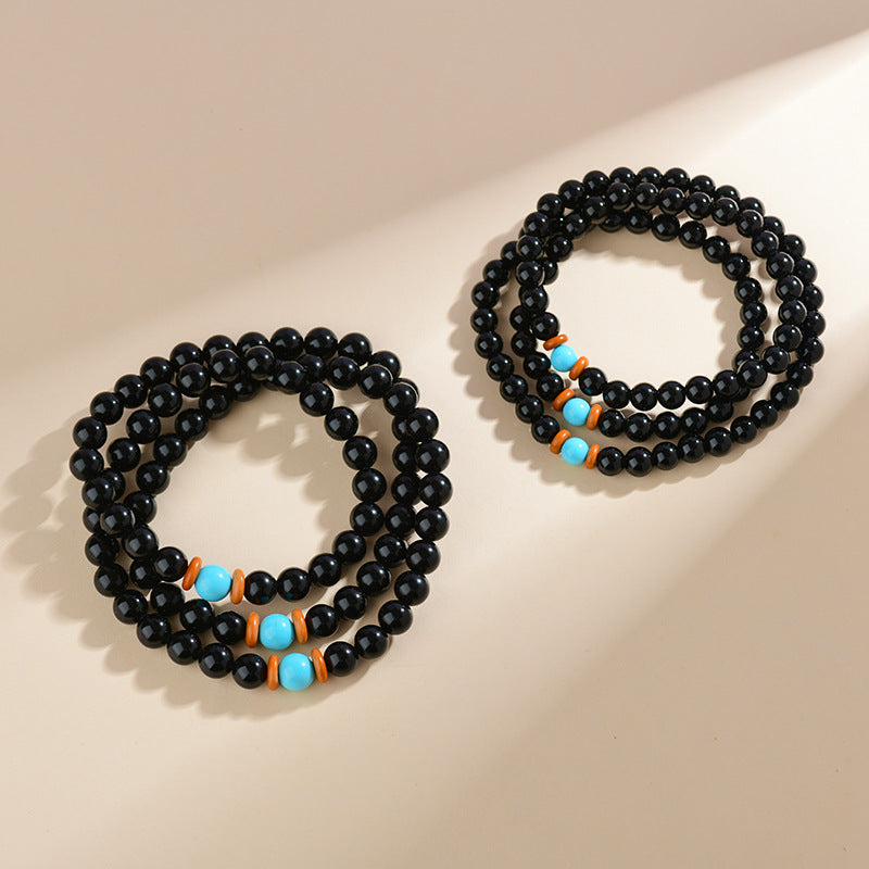 Natural Obsidian Three-Circle Bracelet with Dragon Zodiac - Spiritual Protection Beads for Men and Women