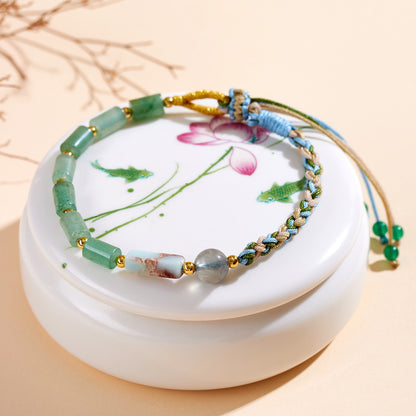 Natural Green Dongling Jade Handwoven Bracelet | Chinese Style Spiritual Protection Jewelry