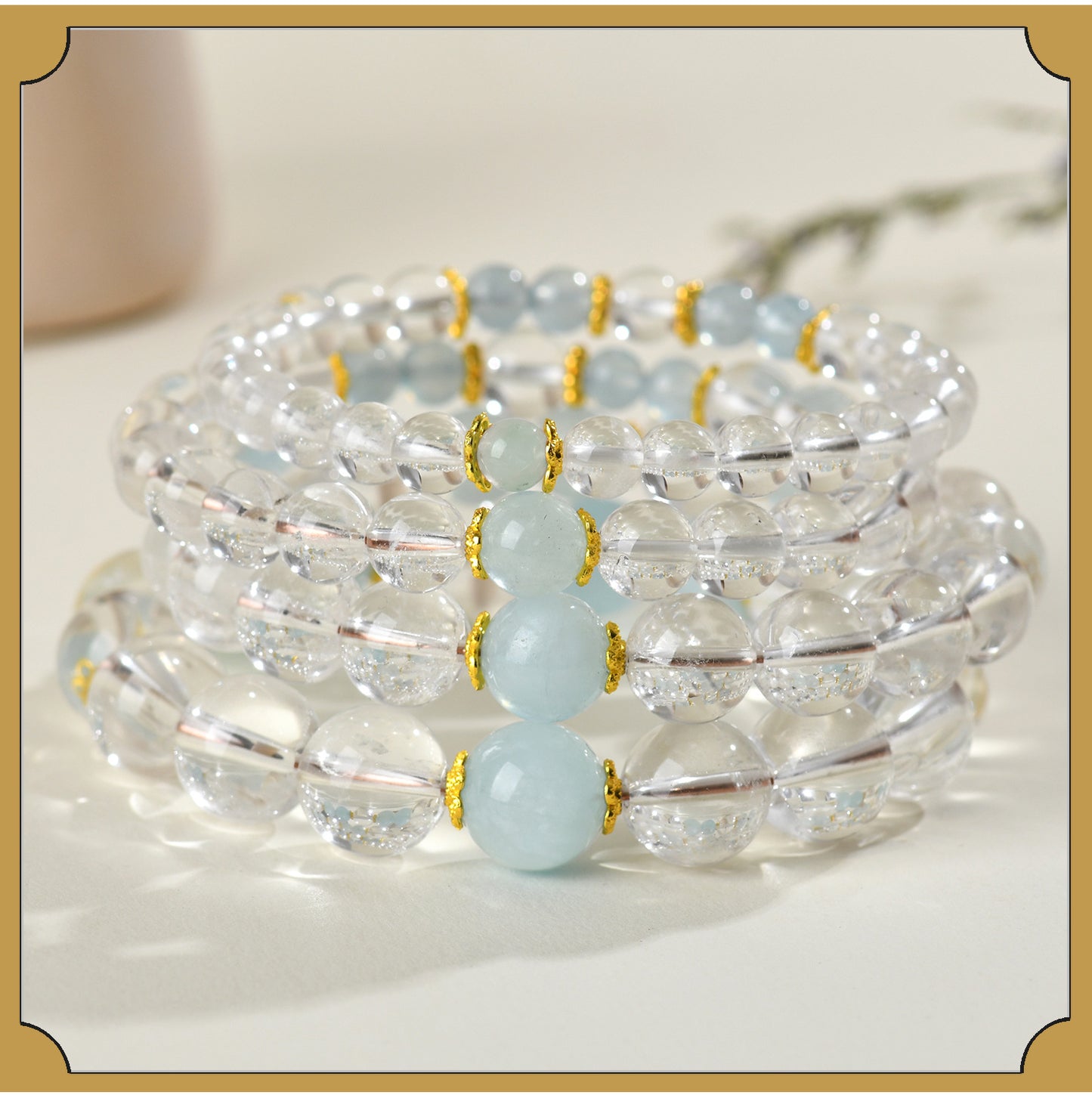 Natural Crystal Energy Bracelet with White Crystal, Obsidian, Strawberry Quartz, and Aquamarine | Spiritual Harmony & Protection