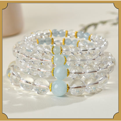 Natural Crystal Energy Bracelet with White Crystal, Obsidian, Strawberry Quartz, and Aquamarine | Spiritual Harmony & Protection