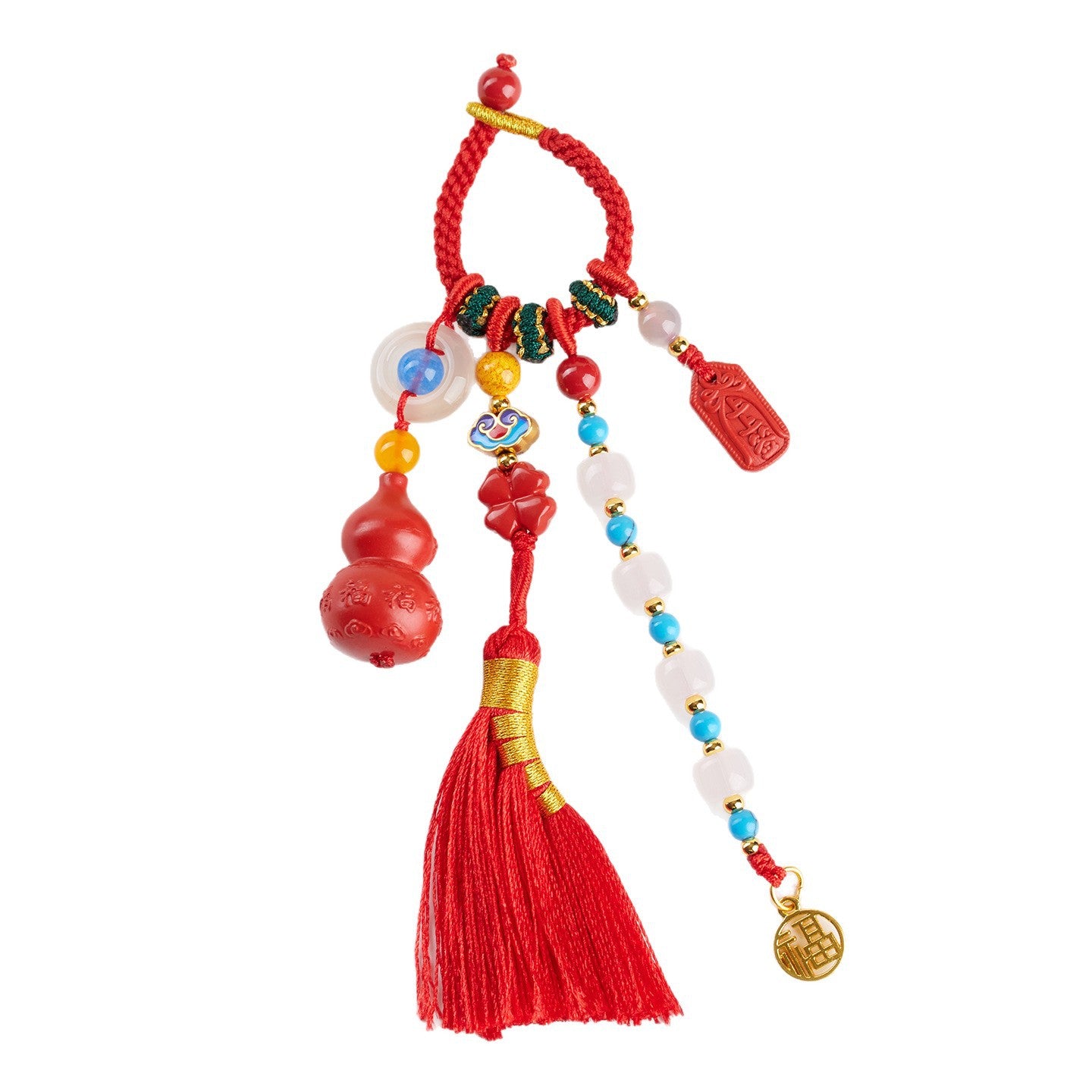 Imperial Red Cinnabar Gourd Broom Tassel Keychain - Fortune & Protection Amulet