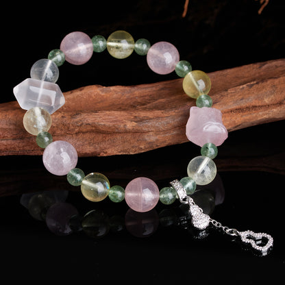 Natural Yellow Crystal Horse & Pink Crystal Gourd Tassel Bracelet | Chinese Style Women's Lucky Charm