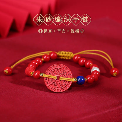 Imperial Red Cinnabar Mountain Ghost Flower Money Hand-Woven Bracelet - Chinese Style Women's Jewelry