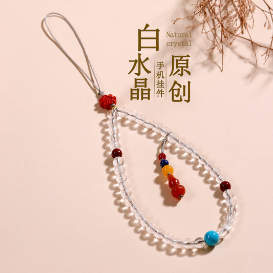 Natural White Crystal Buddha Bead Phone Chain - Spiritual Pendant for Peace and Prosperity