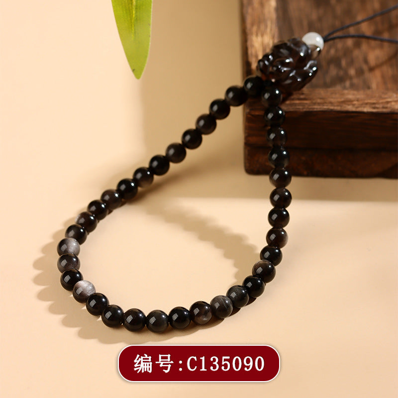 Mystical Silver Obsidian Tea Crystal Nine-Tailed Fox Charm for Protection and Good Fortune