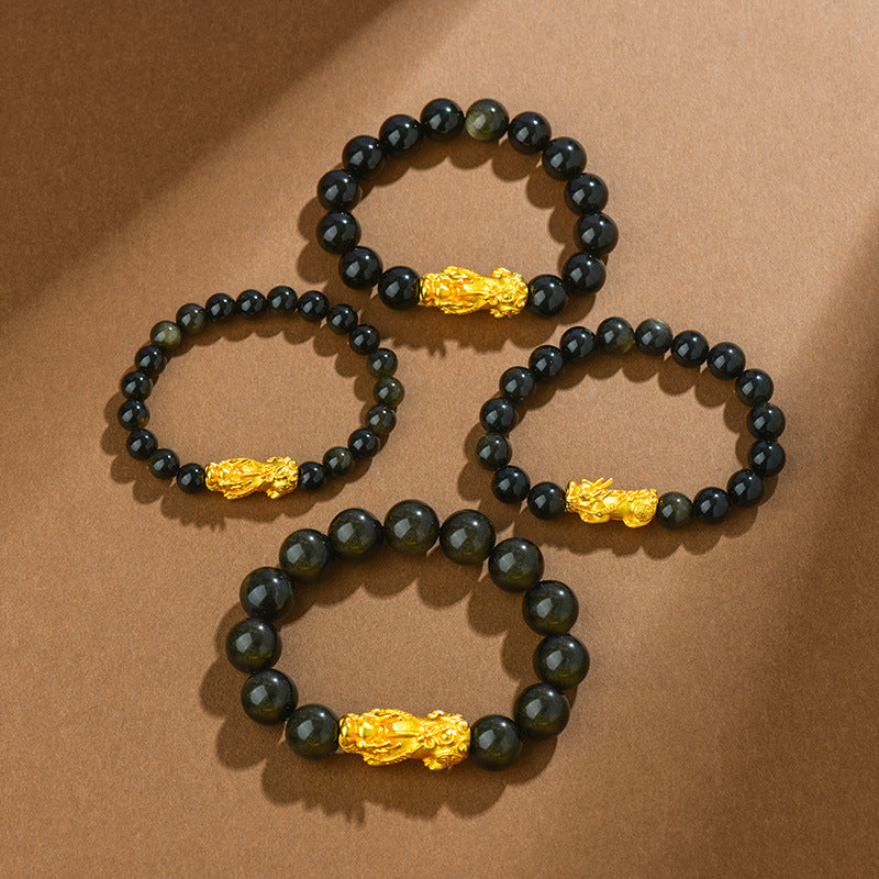 Natural Obsidian Gold Pixiu Bracelet | Wealth Attraction & Protection Amulet
