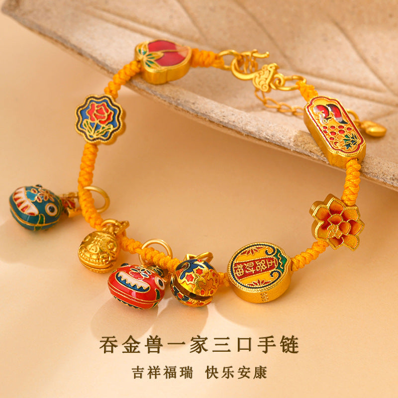 Gold-Plated Blue Enamel Gold-Swallowing Beast Family of Three Five-Way God of Wealth Hand-Woven Bracelet