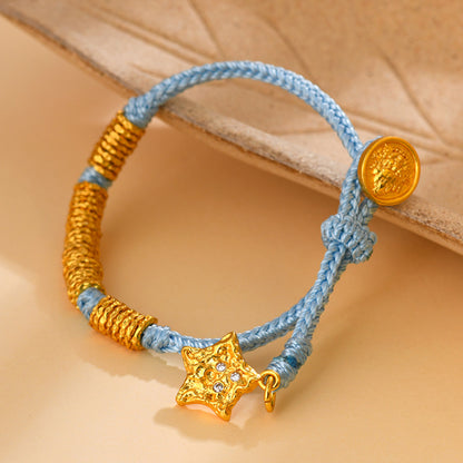 Golden Hammered Star Braided Bracelet | Ancient Craftsmanship Unisex Celestial Protection Jewelry