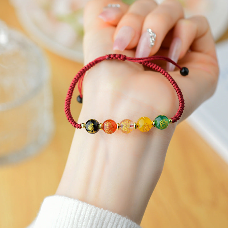 Five-Way God of Wealth Bracelet: Dragon Year Red Rope with Natural Agate for Wealth & Protection