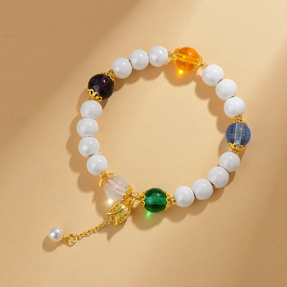 Five Elements Crystal Bracelet with White Porcelain Beads - Wealth, Wisdom & Healing Energy