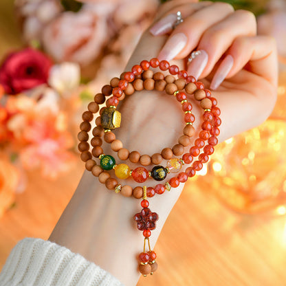 Sandalwood Southern Red Agate Five-Way Wealth God Bracelet | Ancient Chinese Retro Talisman