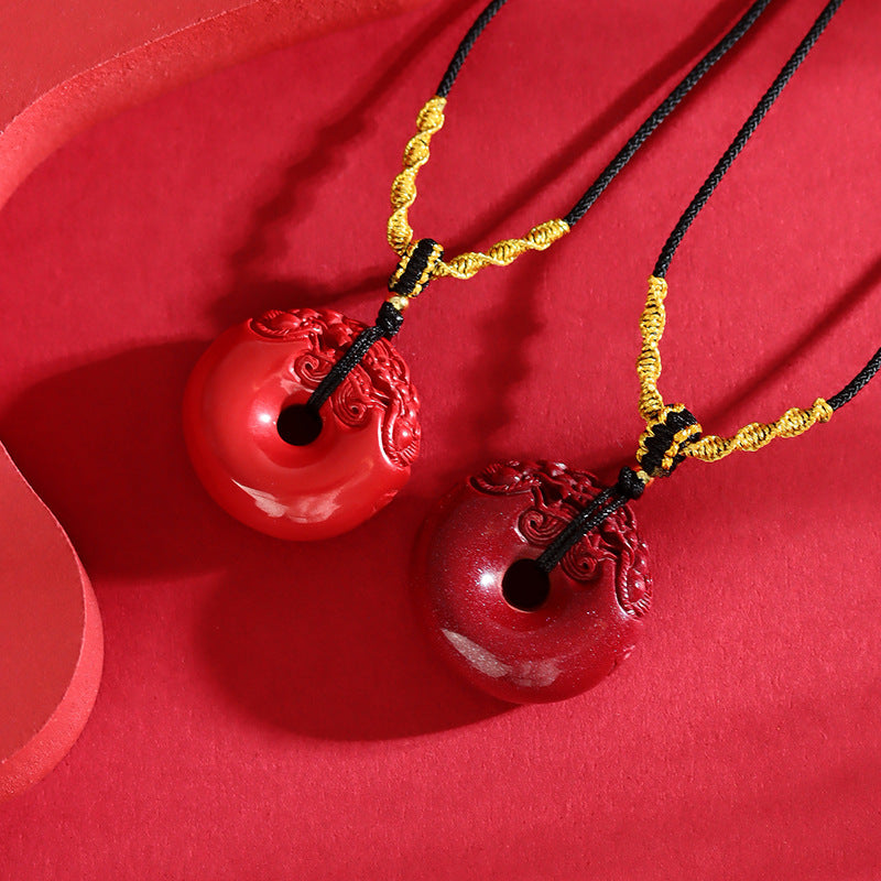 Natural High-Content Cinnabar Pixiu Peace Buckle Necklace Pendant - Wealth & Protection Talisman