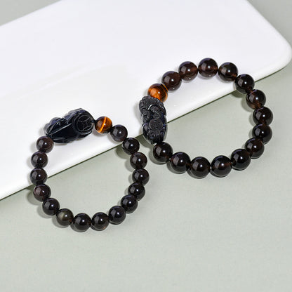 Natural Rainbow Eye Obsidian Pixiu Bracelet - Wealth and Protection Talisman for Couples