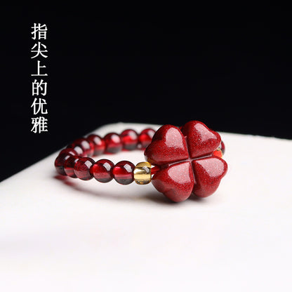 High Content Cinnabar Pixiu Four-Leaf Clover Elastic Ring for Women - Wealth & Luck Talisman