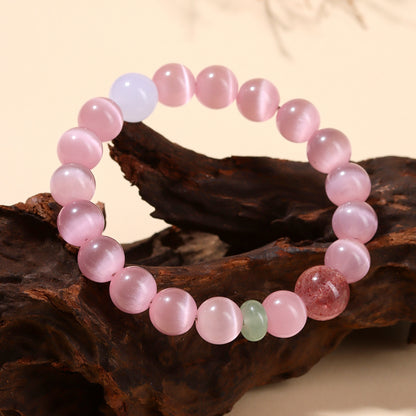 Pink Cat's Eye Strawberry Crystal Bracelet | Love Charm & Fashion Energy for Women