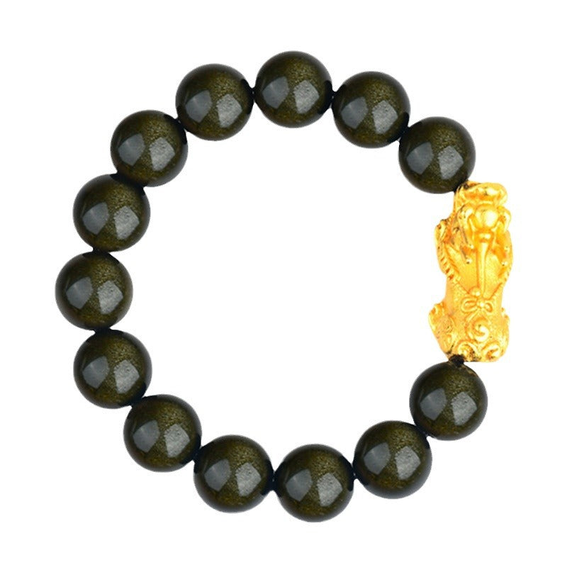 Natural Obsidian Gold Pixiu Bracelet | Wealth Attraction & Protection Amulet