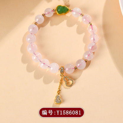 Natural Pink Quartz Gourd Tassel Bracelet | Peach Blossom Love Charm for Women