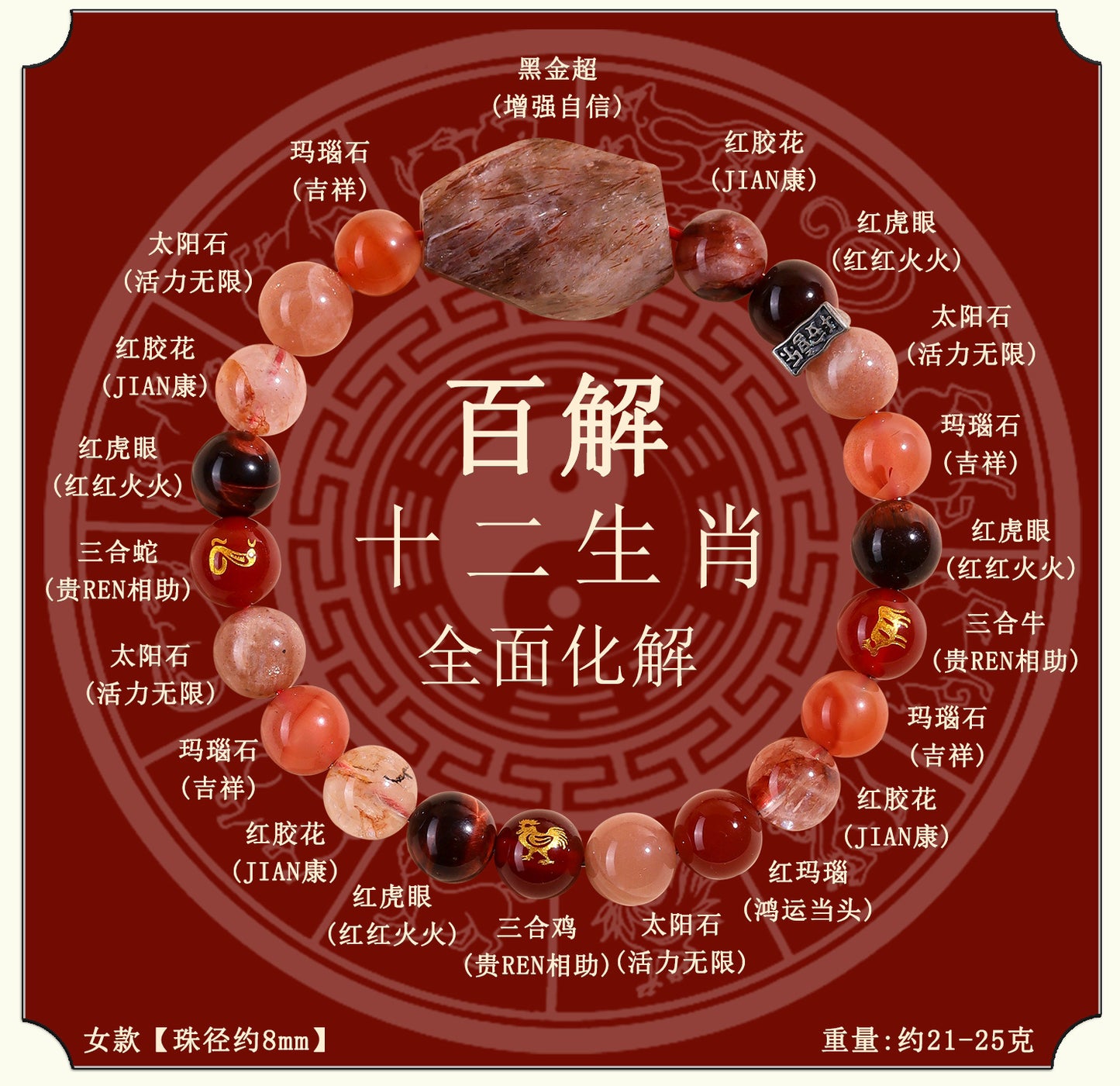 Natural Crystal Zodiac Three-Planet Bracelet - Black Gold Flexible Unisex Spiritual Amulet