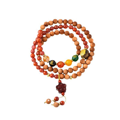 Sandalwood Southern Red Agate Five-Way Wealth God Bracelet | Ancient Chinese Retro Talisman