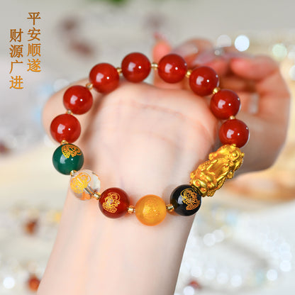 Natural Red Agate Obsidian Five-Way Wealth God Golden Pixiu Bracelet with Zodiac Beads