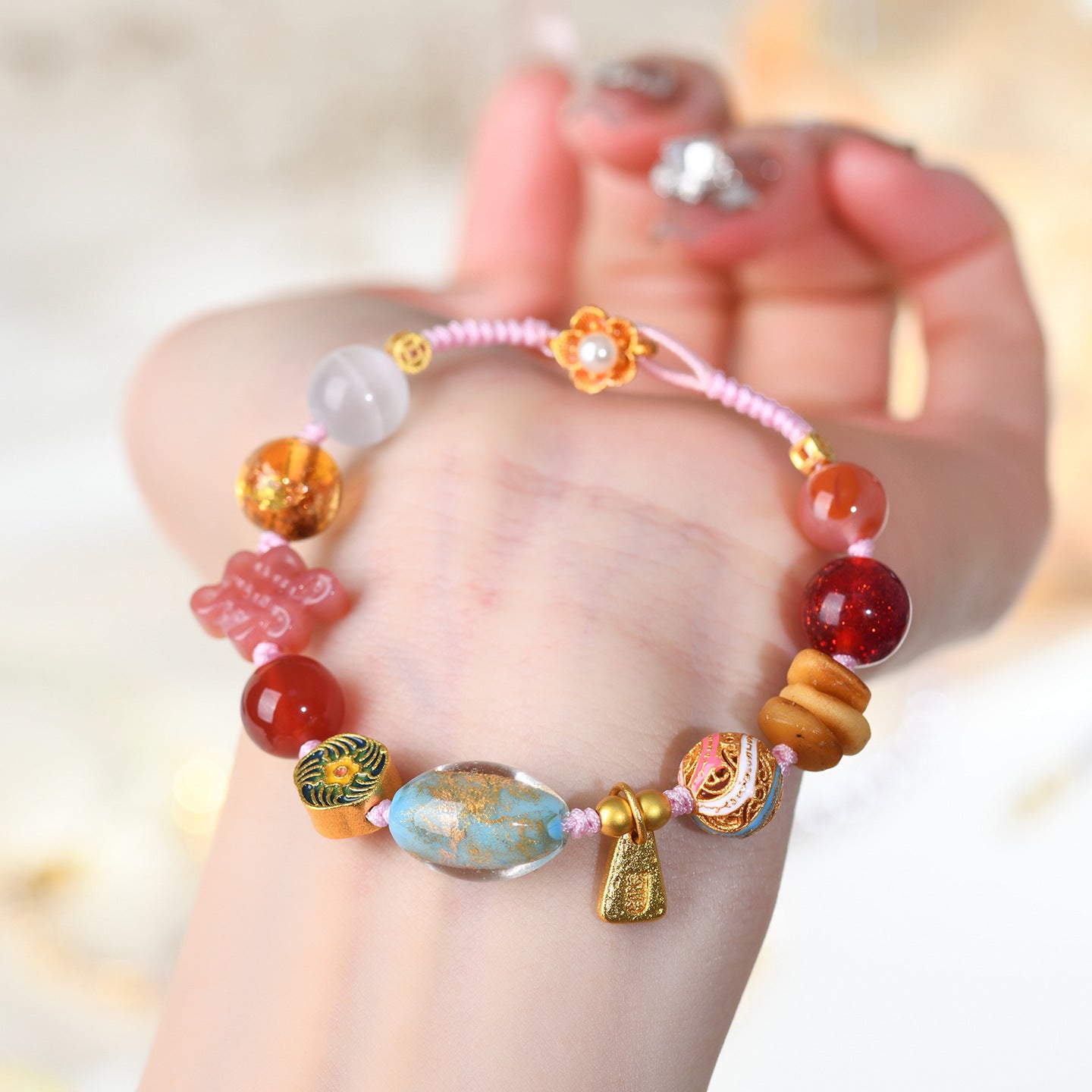 Twelve Treasures Glazed Agate Bracelet | Spiritual Protection & Wealth Amulet for Women