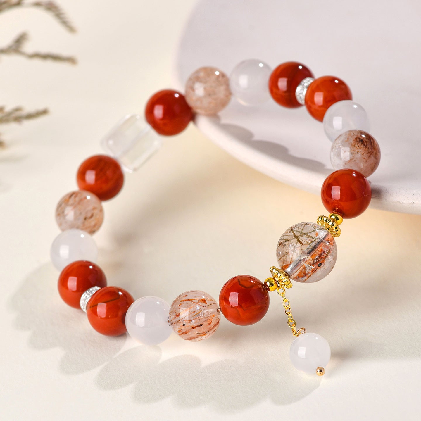 Natural Crystal Multi-Gem Bracelet with Southern Red Agate and Black Gold Super White Crystal - Women's Spiritual Talisman