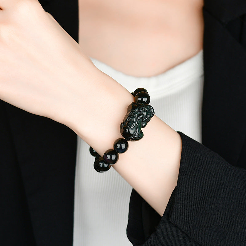 Natural Black Obsidian Pixiu Bracelet with Gold and Double Color Eye Beads - Wealth Protection Amulet for Couples
