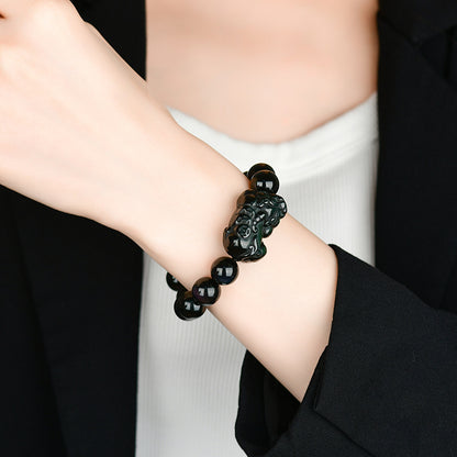 Natural Black Obsidian Pixiu Bracelet with Gold and Double Color Eye Beads - Wealth Protection Amulet for Couples