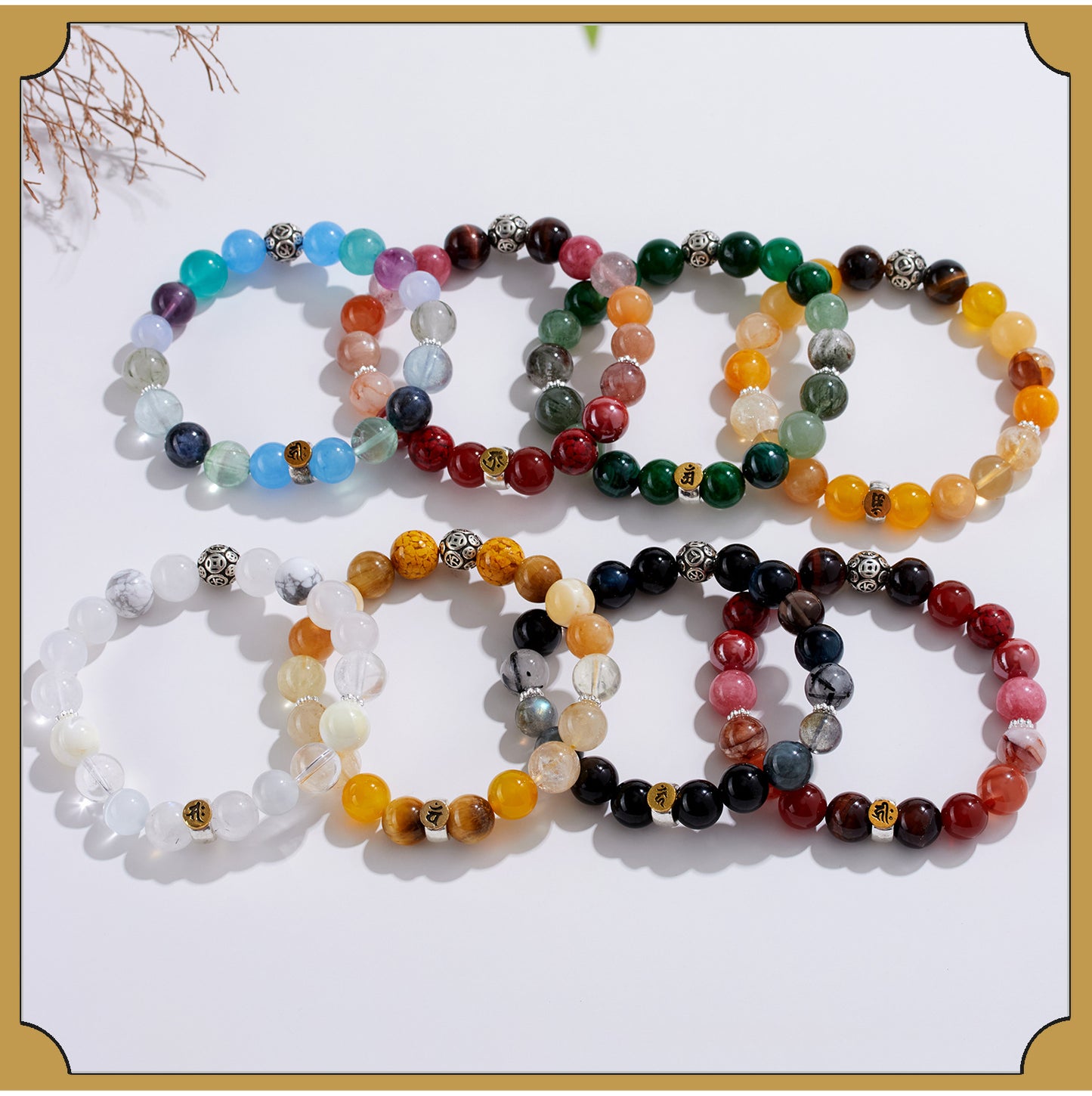 Natural Crystal Multi-Gem Sanskrit Eight Guardian Deities Zodiac Buddha Balance Bracelet