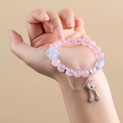 Natural Pink Quartz Aquamarine Starry Moon Love Bracelet | Irregular Crystal Design for Women