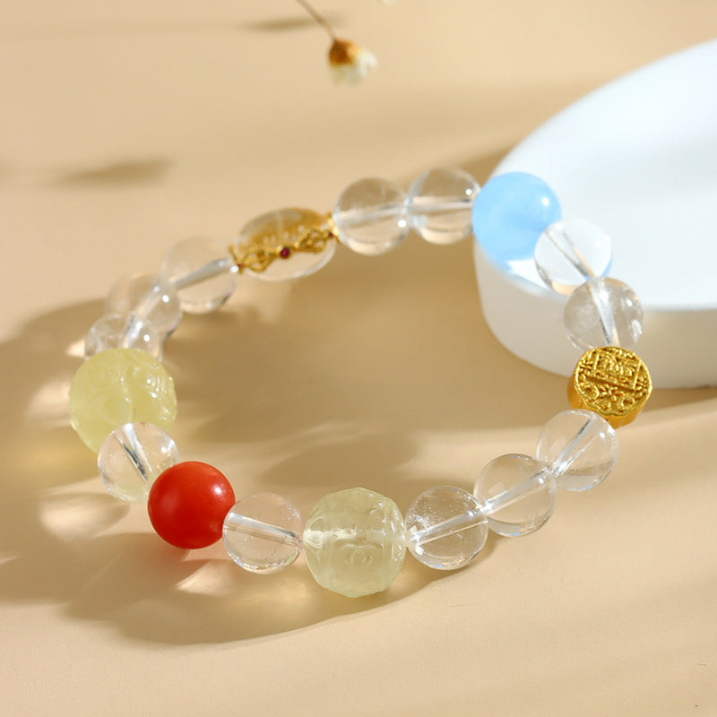 Five-Way God of Wealth Golden Crystal Bracelet | Four Directions Gather Gold Natural White Crystal Unisex Couple Amulet