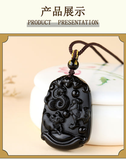Natural Ice Obsidian Zodiac Triad Pendant Necklace｜Birth Year Protection & Harmony