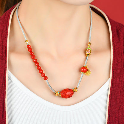 Natural Cinnabar Fortune Character Drum Bead Pendant Necklace | Vintage Style Luck Attraction