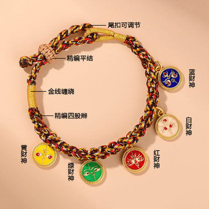 Handwoven Peach Blossom Knot Five-Way God of Wealth Tibetan Thangka Bracelet for Prosperity