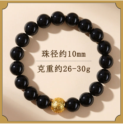 Natural Obsidian Gold Copper Coin Bead Bracelet - Chinese Style Unisex Protection Wealth Charm