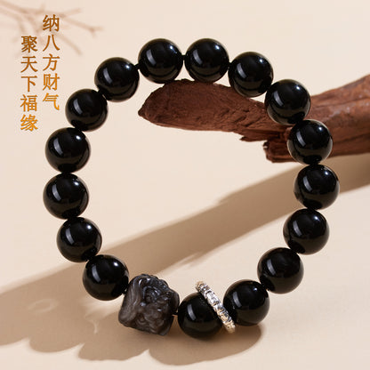 Natural Obsidian Lion Dance Bracelet - Chinese Style Unisex Couple Protection Amulet