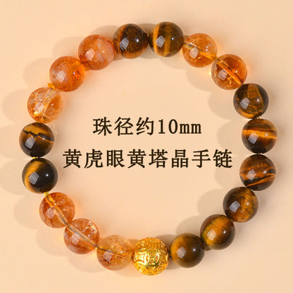 Yellow Tiger Eye Crystal Bracelet with Copper Coin Beads - Chinese Style Lucky Charm