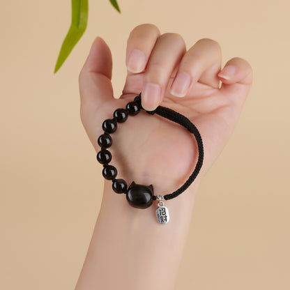 Mystical Silver Obsidian Cat Bracelet - Hand-Woven Protection Charm for Couples