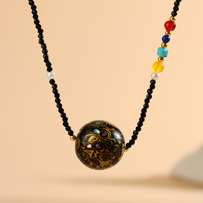 Mother-of-Pearl Lacquer Bead Black Spinel Collarbone Necklace | Intangible Heritage Craft Elegance
