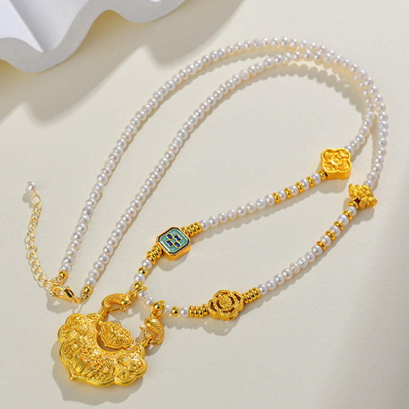 Natural Freshwater Pearl Koi Peace Lock Necklace | Auspicious Chinese Style Collarbone Chain