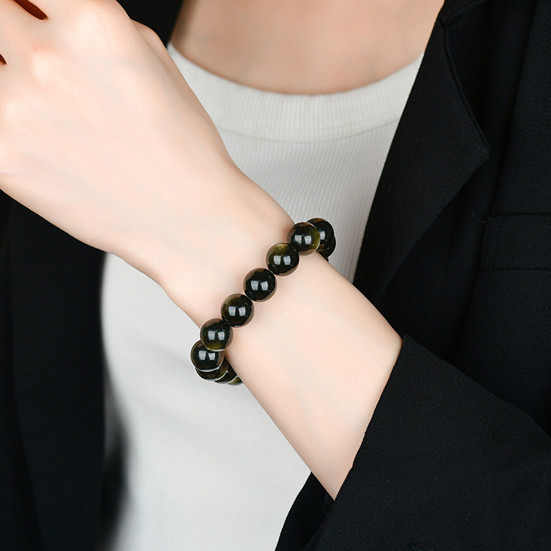 Natural Mexican Obsidian Round Bead Bracelet｜Spiritual Protection & Prosperity Unisex Jewelry