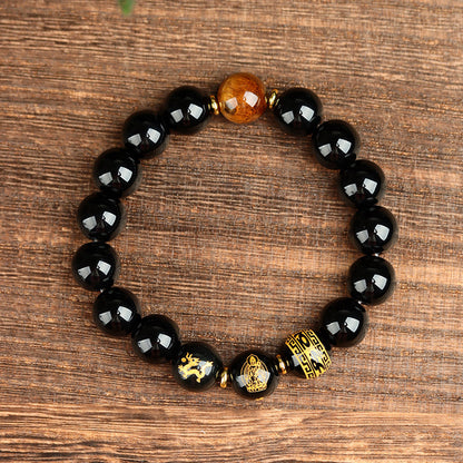 Natural Obsidian Zodiac Guardian Buddha Bracelet with Tiger Eye & Agate - Six-Word Mantra Spiritual Protection