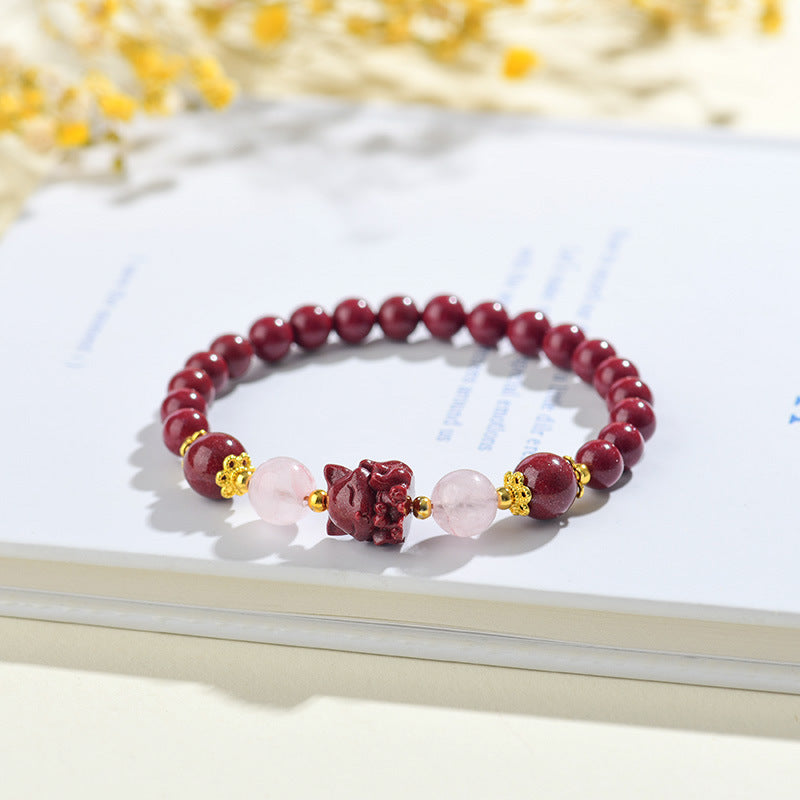 Natural High Content Cinnabar Nine-Tailed Fox Pink Crystal Bracelet - Chinese Artistic Retro Amulet