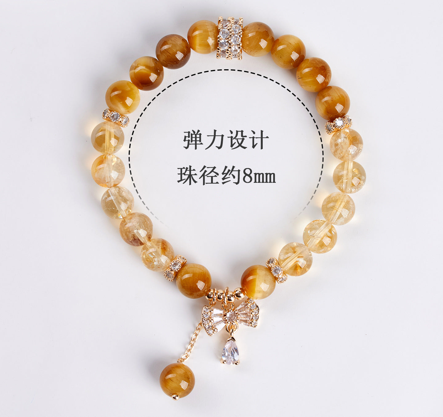 Natural Yellow Tower Crystal and Gold Tiger Eye Bow Tassel Bracelet - Wealth Attraction and Spiritual Protection