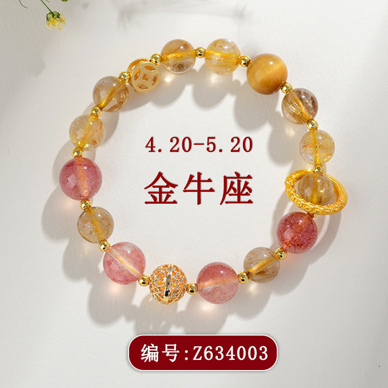 Natural Yellow Rutilated Strawberry Quartz Taurus Crystal Bracelet for Women