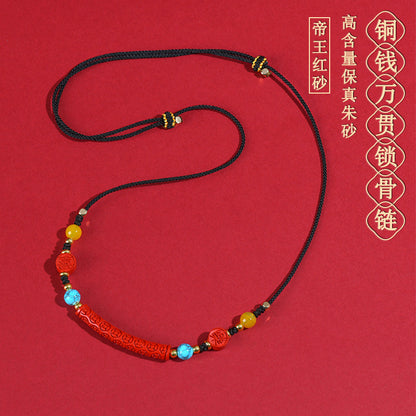 Natural Cinnabar Copper Coin Pendant Necklace | Protective Wealth Retro Spiritual Chain