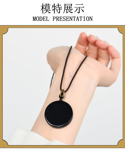 Natural Obsidian Round Pendant Necklace for Zodiac Year Protection and Peace